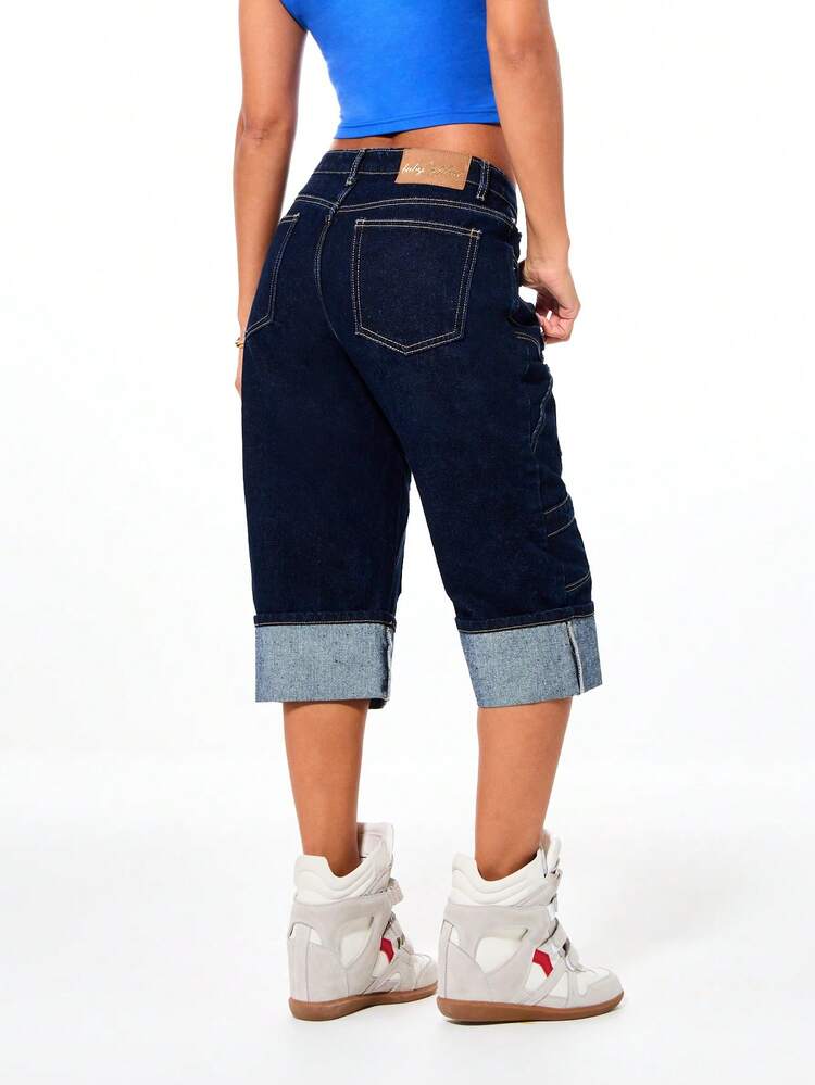 BABYPHAT Women High Rise Wide Leg Paneled Denim Capri Jeans With Embroidered Design And Rolled Cuffs For Summer Casual Wear