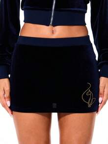 BABYPHAT 奢华丝绒迷你裙，饰有金色刺绣猫咪标志，罗纹腰带，秋冬时尚单品 - 藍色 - 查看 2