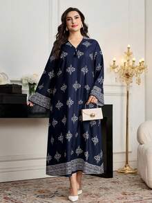 Al Najma Đầm cỡ lớn dành cho nữ, họa tiết hoa, cổ chữ V, thiết kế tua rua, kiểu Ả Rập. - Màu xanh hải quân - Xem 5
