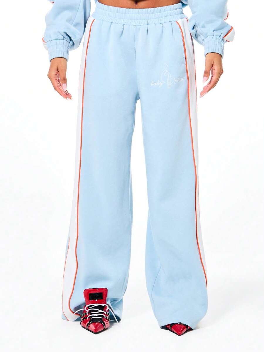 BABYPHAT Side Stripe Detail Sweatpants With Elastic Waistband And Relaxed Wide Leg Casual Comfort Tracksuit Bottoms Loungewear - Baby Blue - View 1