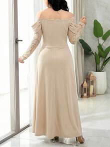 Feyla Vestido de unicolor con parches de encaje y hombros descubiertos, elegante para mujer - Albaricoque - Ver 7