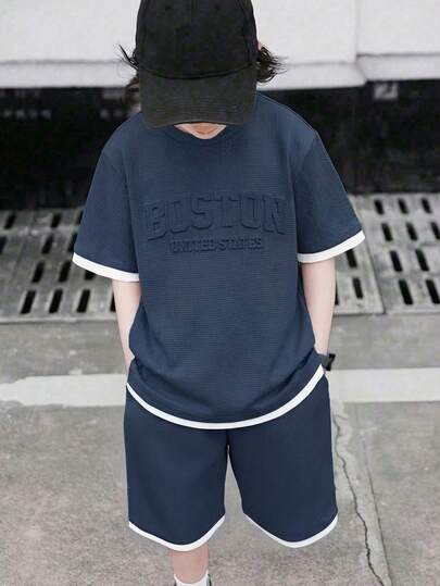 SHEIN 2pcs Tween Boy Casual 2 In 1 Letter Print Short Sleeve T-Shirt And Shorts Set, Suitable For Commuting, School, Daily Casual Wear, Sports, Spring/Summer