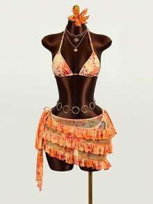 Zestiva 3pcs Tie-Dye Gradient Print Sexy Women Bikini Set, Summer Beach - Orange - View 3