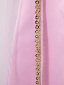 Girls' Traditional Arabic Abaya Dress, Pink & Gold Embroidered Beaded Lace Long Sleeve Robe With Mesh Overlay - Pink - View 4
