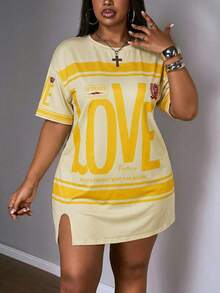 Slaydiva Vestido de manga corta con abertura lateral, hombros caídos y color rosa para vacaciones de principios de primavera en tallas grandes - Amarillo - Ver 5