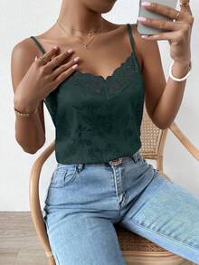 RosyDaze 花卉提花撞色蕾丝缎面吊带背心图案T恤女式上衣 - 橄欖綠 - 查看 4