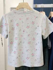 Resyla 花卉图案T恤，夏季女式上衣，姐妹装，潮流单品，时尚上衣，美学T恤，送给姐妹的礼物，送给妈妈的礼物，休闲简约时尚上衣 - 灰色 - 查看 2