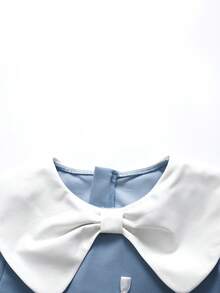 Teen Girl Elegant Peter Pan Collar Color Block Puff Sleeve Dress - Blue - View 3