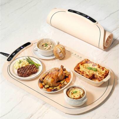 Teckwe 1 件米色食物保温垫，电热食物保温盘，适用于保温餐盘和自助餐，便携式台面食物保温器，8 档温度调节，8 小时定时 - 美规插头