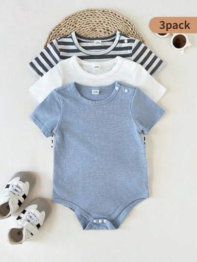SHEIN 3件套男婴休闲可爱纯色条纹口袋圆领短袖连体衣，适合春夏外出、日常户外玩耍、居家穿着，舒适百搭。