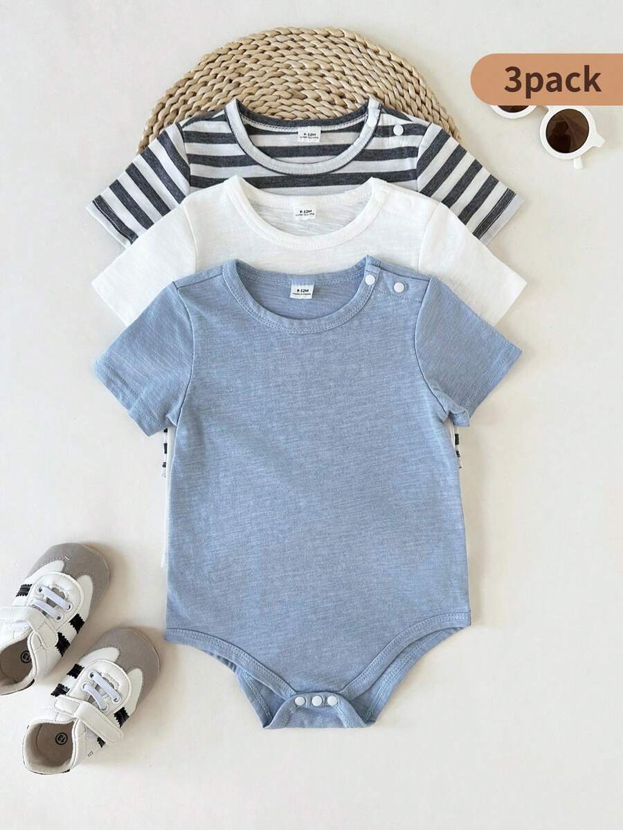 SHEIN 3pcs Baby Boy Casual Cute Solid Color & Striped Pocket Crew Neck Short Sleeve Bodysuit, Suitable For Spring/Summer Outings, Daily Outdoor Play, Home, Comfortable & Versatile - Multicolor - View 1