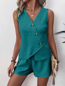 EMERY ROSE Women's Casual Summer Vacation & Commute Solid Color Wrap Button Sleeveless Top And Shorts 2-Piece Set - Teal Blue - View 4