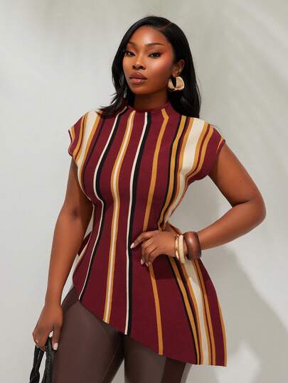 Radiana Plus Size Women Spring/Summer Fashion Casual High-End Elegant Striped Stand Collar Waist Cinched Asymmetric Hem Knit Stretchy Top