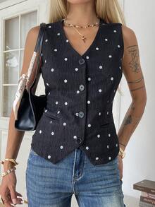 Livesso 波点印花休闲度假风沙滩宽松时尚办公无袖夹克背心上衣西装外套，女士，春夏款 - 藏蓝色 - 查看 1