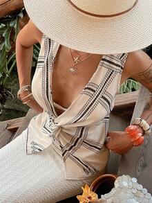 Livesso Women's Geometric Pattern Striped Cropped Top,Front Twist Design,Sleeveless Blouse,Beige,Summer,Boho,Vacation,Holiday,Music Festivals,Casual,Beach - Beige - View 6