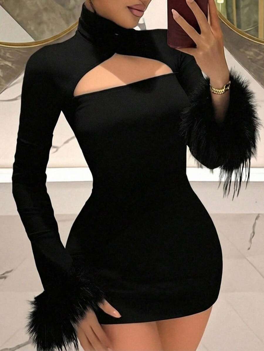 Slaydiva Váy dài tay hở vai bằng lông giả màu trơn gợi cảm dành cho nữ - màu đen - Xem 1