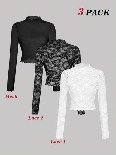 SHEIN MOD Set de 3 blusas de manga larga transparentes y de encaje en blanco y negro para mujer, blusa de encaje, blusa en blanco y negro, paquete de 3 blusas de malla transparente y encaje de manga larga y cuello alto para mujer, diseño elegante para primavera/verano, ideal para salir, cumpleaños, disfraz de carnaval, paquete múltiple, blusa de cuello de embudo
