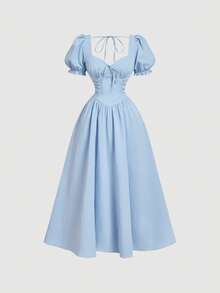 SHEIN MOD 女士优雅短袖中长连衣裙，扭结心形领口 - 藍色 - 查看 8