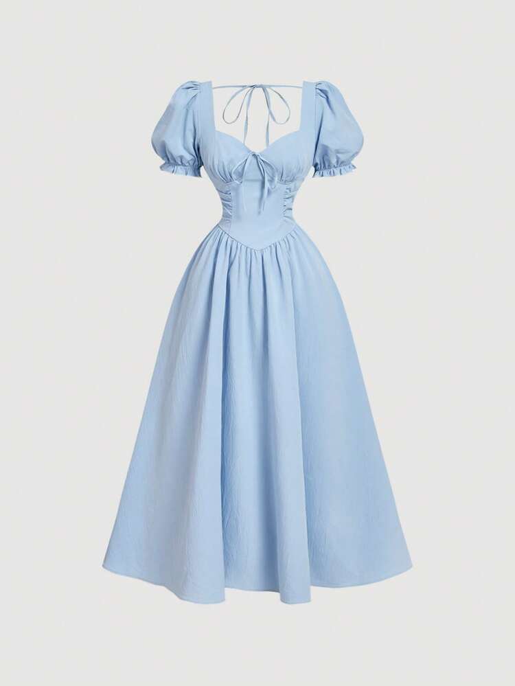 SHEIN MOD Vestido midi elegante de manga corta para mujer con escote en forma de corazón retorcido - Azul - Añade 8