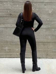 Kuleshova Women's Casual Tight Fit Thermal Lined Thick Warm Long Sleeve Jumpsuit, Clothes Suitable For Autumn/Winter - Black - View 2