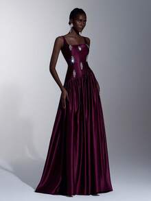 Elitara 优雅奢华的钻石花朵缎面褶皱长裙，适合婚礼、派对、度假、舞会、晚礼服等场合（重工装饰） - 酒紅色 - 查看 6