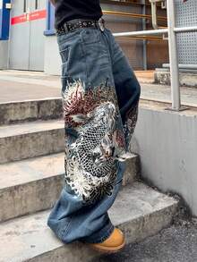 ROMWE MEN Jeans de corte holgado con patrón bordado para hombre - Azul lavado oscuro - Ver 5