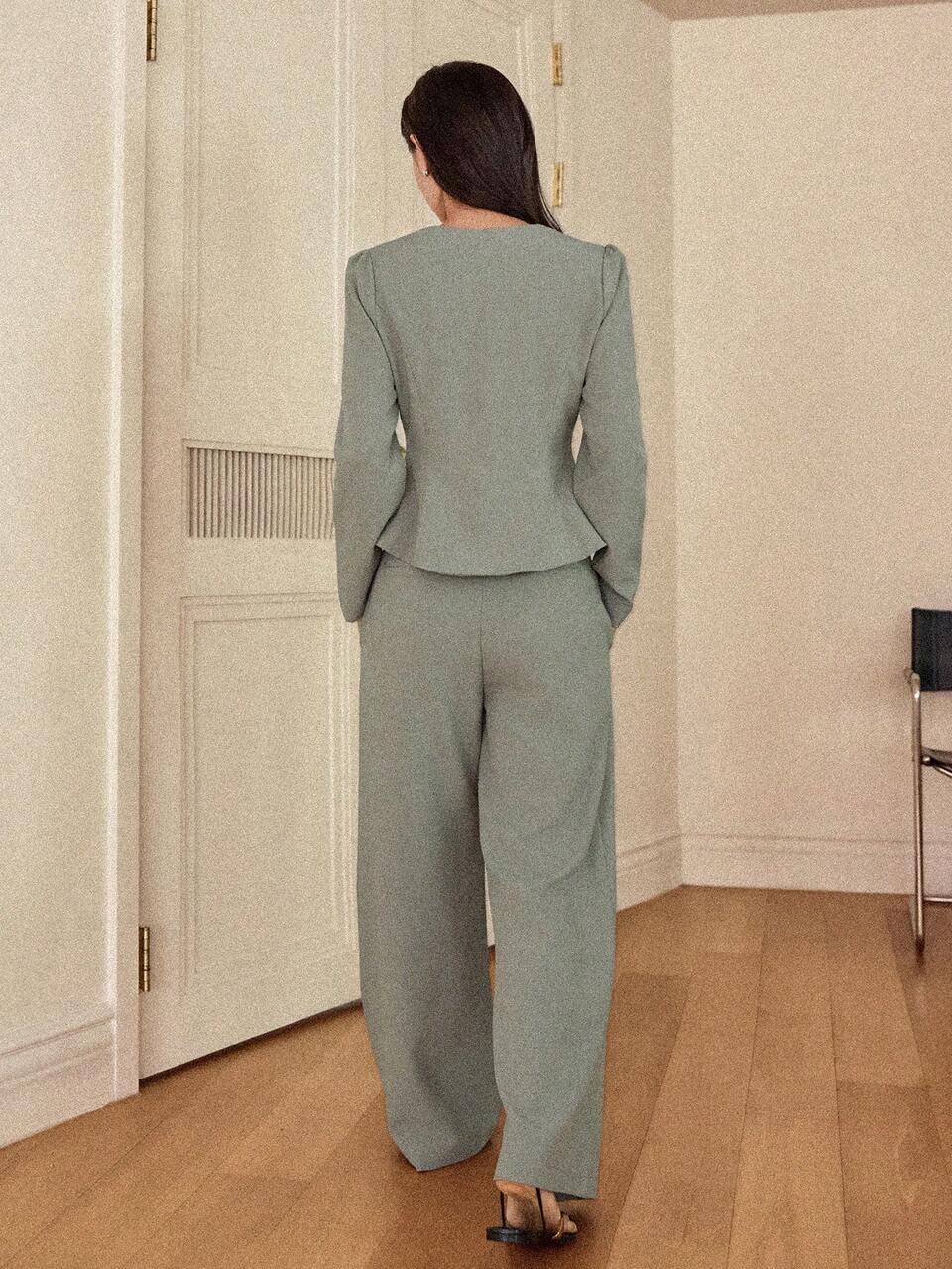 Elegant Sage Green Straight Leg Pants And Top Set,Office Casual Commuter Workwear Outfit,Autumn Business Casual Lounge Sets For Women,Weddings,Dates