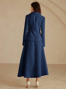 Aveloria Rosie 斜纹软呢面料优雅时尚修身女式外套，带纽扣口袋；斜纹软呢喇叭简约风女式半身裙，两件套 - 藏蓝色 - 查看 2
