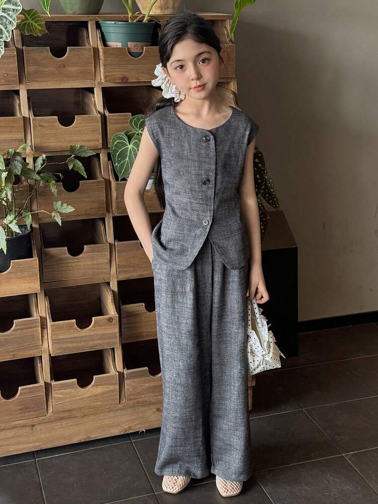 Tween Girl Solid Color Round Neck Button Front Shirt And Pants Elegant Outfit Summer