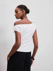 ATUI Studio 时尚性感露肩串珠修身针织夏季女式上衣 - 白色 - 查看 3