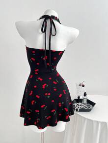 Elamini Black Base With Red Cherry Print Halter Backless Ruffle Strap Pleated Bust Sleeveless Dress - Multicolor - View 5