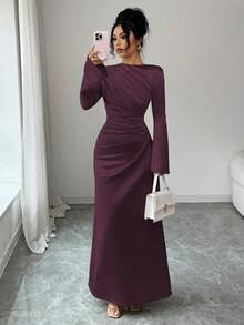 Rafferiza Elegant Women's Red Violet Satin Mermaid Long Party Dress With Round Neck And Long Split Sleeves - Red Violet - View 3