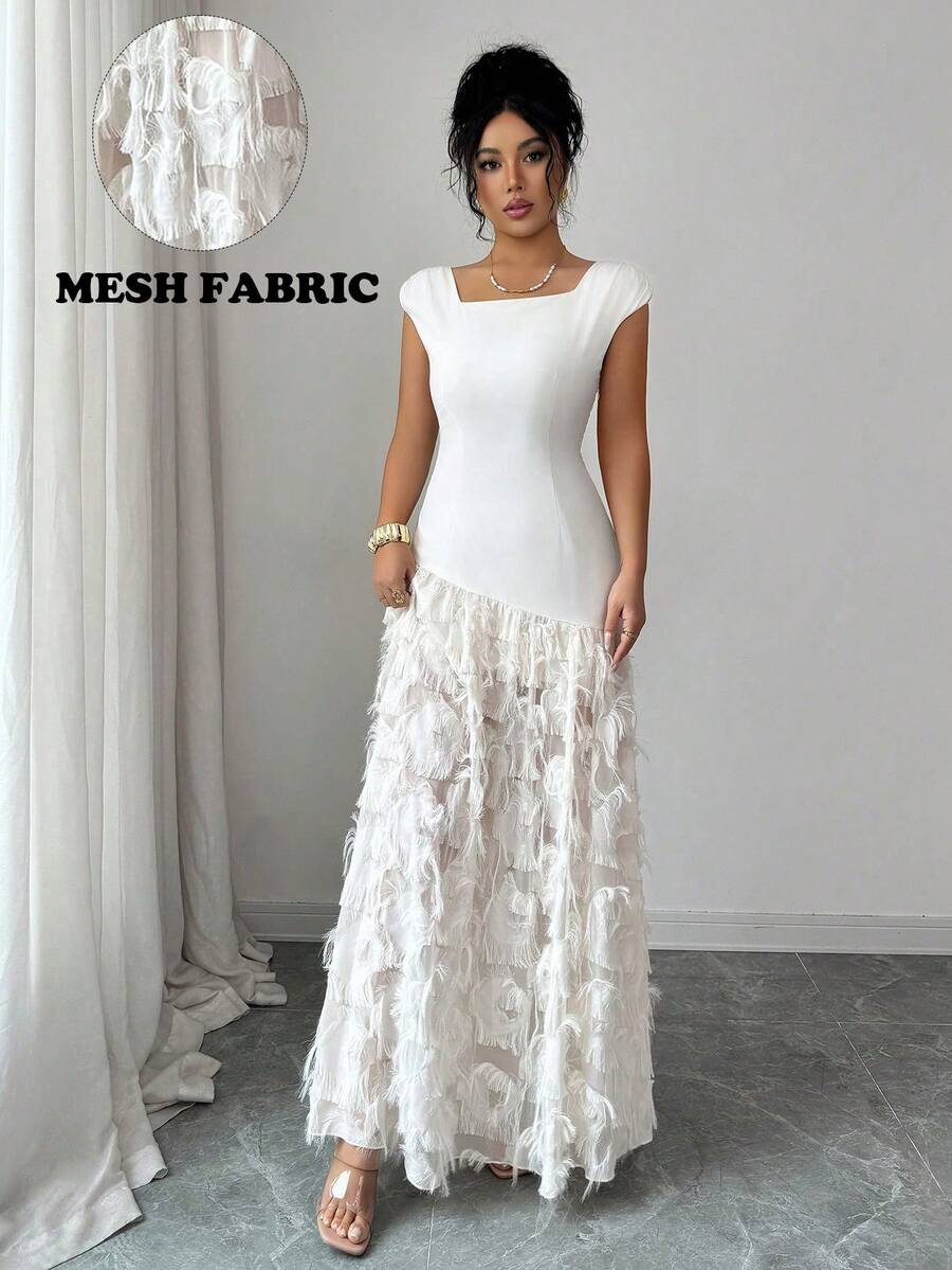 SHEIN Elenzya 优雅杏色长款连衣裙，A字型方领短袖荷叶边下摆设计 - 杏色 - 查看 1