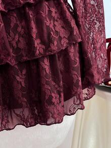 Elamini 花卉蕾丝纹理浪漫迷你连衣裙 - 酒紅色 - 查看 5