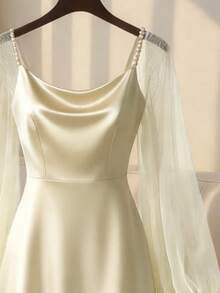 Franclia 女士优雅缎面珍珠装饰长袖A字连衣裙，适合通勤、派对和各种活动 - 淡黃色 - 查看 5