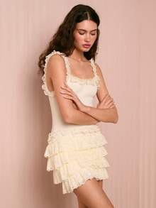 Easelle Elegant Apricot Knitted Mini Dress Sleeveless Semi-Sheer Ruffle Lace Strappy Design - Apricot - View 1
