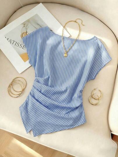 Firerie Casual Elegant Plaid Asymmetric Hem Blouse, Suitable For Commuting, Everyday Casual, And Fashionable Business Wear/Fall Clothes For Women / Back To School / Teacher Outfits For Women/Going Out Tops/Tops For Going Out /Business Casual Woman/Striped Shirt/ Business Casual Women/Teacher Shirts,Blue And White Striped Shirt, Tie-Waist Shirt, Casual Commuter Shirt, Vacation Shirt, Cinched Waist Striped Shirt, Suitable For Spring, Summer, Autumn And Winter, Elegant, Vacation, Bohemian, Work Attire