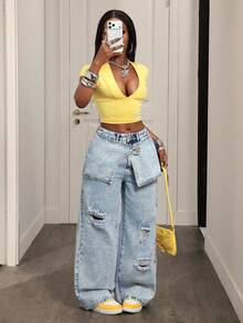 BamGleam 女士休闲日常水洗做旧二合一牛仔裤 - 淺色水洗藍 - 查看 7