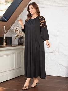 SHEIN Lacomfia Elegant Casual Lace Patchwork Round Neck Loose Fit Plus Size Women Long Dress, Spring/Summer - Multicolor - View 6