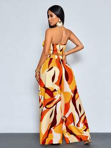 SOLERSUN Irregular Patterned Print Casual 2-Piece Set With Simple Top And Loose Pants, Suitable For Elegant Gatherings, Vacations, Music Festivals, Beach Outings, Sunbathing, And Daily Wear - Orange - View 2