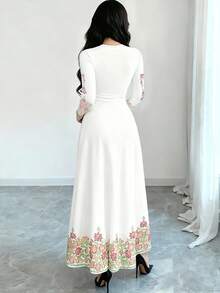 Modelyn 女士春季花卉叶子印花圆领长袖A字连衣裙 - 彩色 - 查看 2