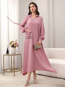 Al Najma 女士粉色V领飘逸缎带高端串珠蕾丝边宽松连衣裙 - 粉色 - 查看 4