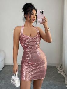 Rafferiza Women's Plunging Neckline Sequin Bodycon Halter Backless Dress, Suitable For Parties - Pink - View 7