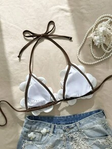 Swim Mod Women's Swimsuit Top With 3D Floral Halter Bikini, Vacation Style Swimwear Top - Black and White - View 3