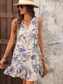 EMERY ROSE 女士休闲度假印花V领无袖荷叶边宽松短款连衣裙，夏季 - 彩色 - 查看 8