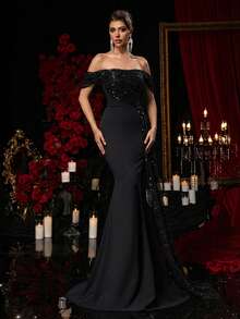 Glamrae Đầm đen sang trọng, thanh lịch, trễ vai, tay dài, đính cườm và sequin hình hoa, dáng đuôi cá co giãn với đường xẻ tà bên hông, thích hợp cho đám cưới, tiệc tùng, dạ hội, cocktail, dạ tiệc tối (đính kết rất cầu kỳ). - màu đen - Xem 7