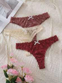 PetitDoll 3pcs Women's Minimalist Sexy Lace Thong Panties - Multicolor - View 3