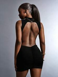 Amplova 2026新款复古中国风旗袍领性感露背镂空腰部设计修身迷你连衣裙 - 黑色 - 查看 4