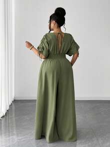 Maweii Plus Size Elegant Short Sleeve V-Neck Drawstring Jumpsuit, Vintage Style For Commuting - Army Green - View 6