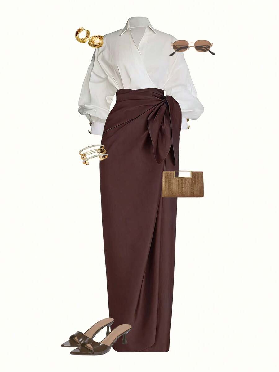 Qadelle Women's White Long Sleeve Wrap Top And Brown Knotted Skirt Elegant 2 Pieces Set - Burgundy - View 1